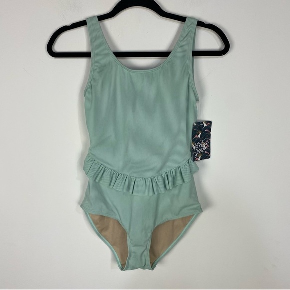 Kortni Jeane Teal Mint Ribbed ruffle one piece swimsuit modest full coverage - Picture 1 of 6